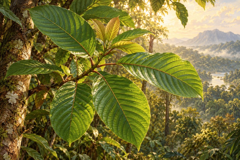 Artistic botanical illustration accompanying The Complete Guide to Kratom (Mitragyna speciosa) and Its Uses