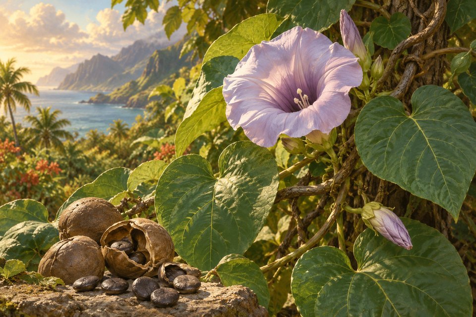 Artistic botanical illustration accompanying Baby Hawaiian Woodrose Seeds from Hawaii & Madagascar