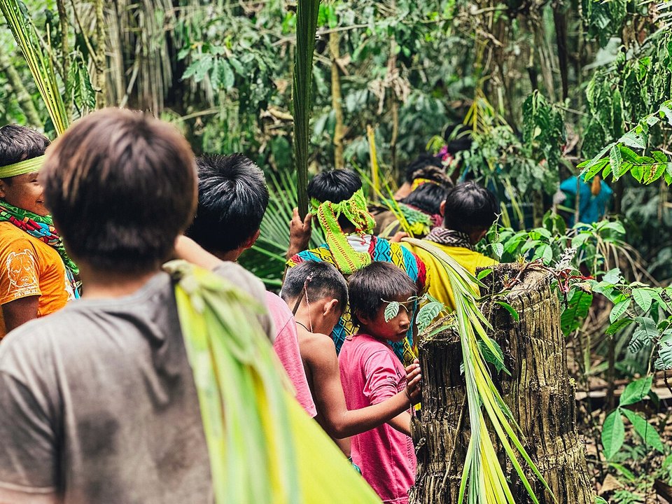 Huni Kuin cultural dress during a forest walk at the Katxa Nawa festival in Acre, Brazil